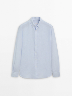 Massimo Dutti Рубашка облегающего кроя изо льна в полоску, небесно-голубой