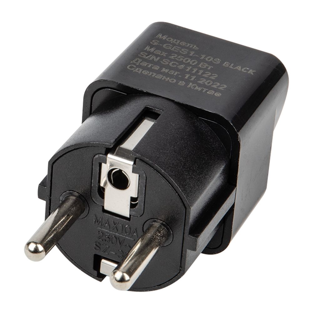 S-GES1-10S BLACK Переходник сетевой. 10А. 2500Вт. с заземлением. Черный. ТМ Uniel