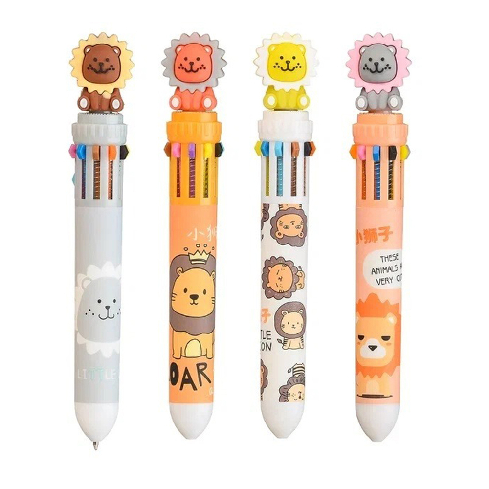 Ручка шариковая, автоматическая, 10в1, Odemei, 10-ти цветная, серия "Лёвушка", с фигуркой-гироскопом, 40 шт