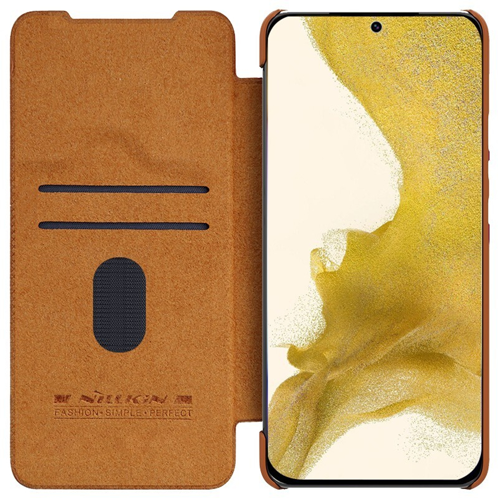 Кожаный чехол книжка коричневого цвета от Nillkin для Samsung Galaxy S23, серия Qin Pro Leather с защитной шторкой для камеры