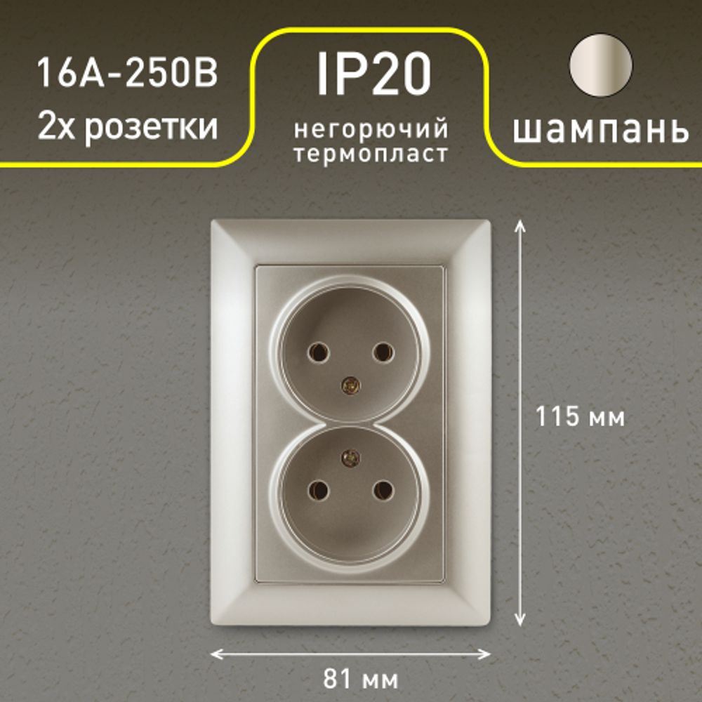 Розетка Intro Solo 4-204-04 без заземления 2х2P, 16А-250В, IP20, СУ, шампань