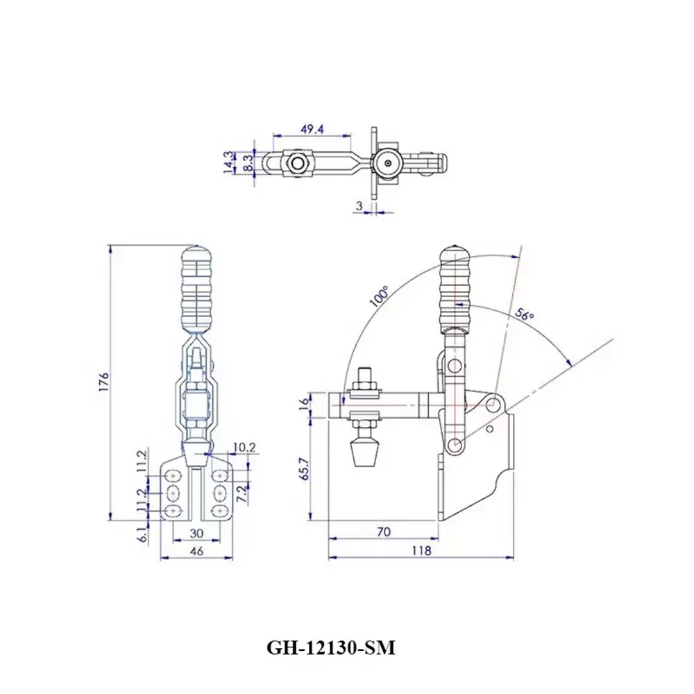Зажим механический с горизонтальной ручкой GH-201-BSM, усилие 90 кг, боковой монтаж 45+17 GH-201-BSM