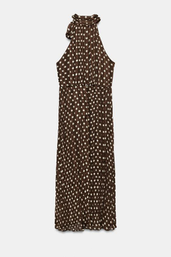 ZARA ПЛАТЬЕ МИДИ В ГОРОШЕК С БАНТОМ, КОРИЧНЕВЫЙ/ЭКРЮ