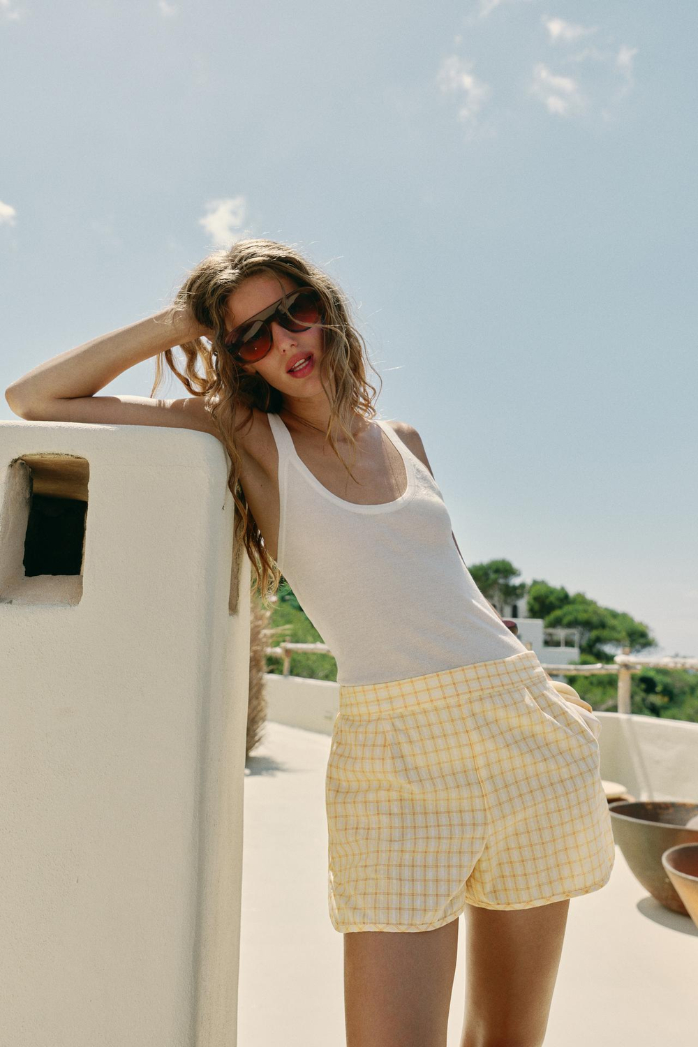 ZARA ШОРТЫ В КЛЕТКУ, ЖЕЛТЫЙ