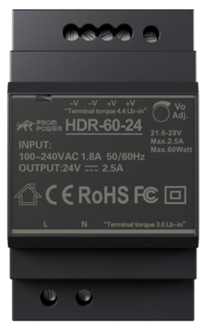 Источник питания PROMPOWER HDR-60-24, на вых. 24 В DC, 2.5А, 60Вт. Вх. 85-264В AC (120-370 В DC)