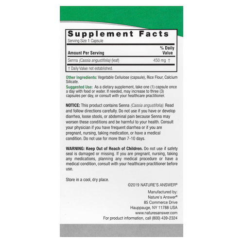 Nature's Answer, Сенна, 450 мг, 90 вегетарианских капсул