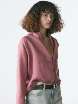 Massimo Dutti Блуза из струящейся льняной ткани внахлест, розовый
