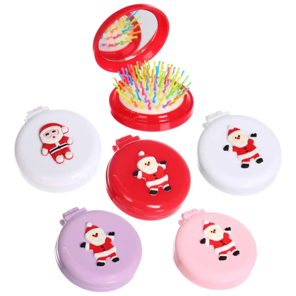 Расчёска массажная складная с зеркалом «Новогодний Дед Мороз», цвет микс, d-6см