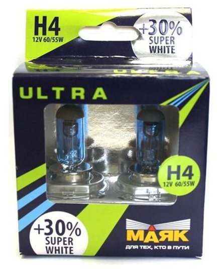 Лампы галогеновые Маяк Н4 12V 60/55W P43t +30% Ultra Super White