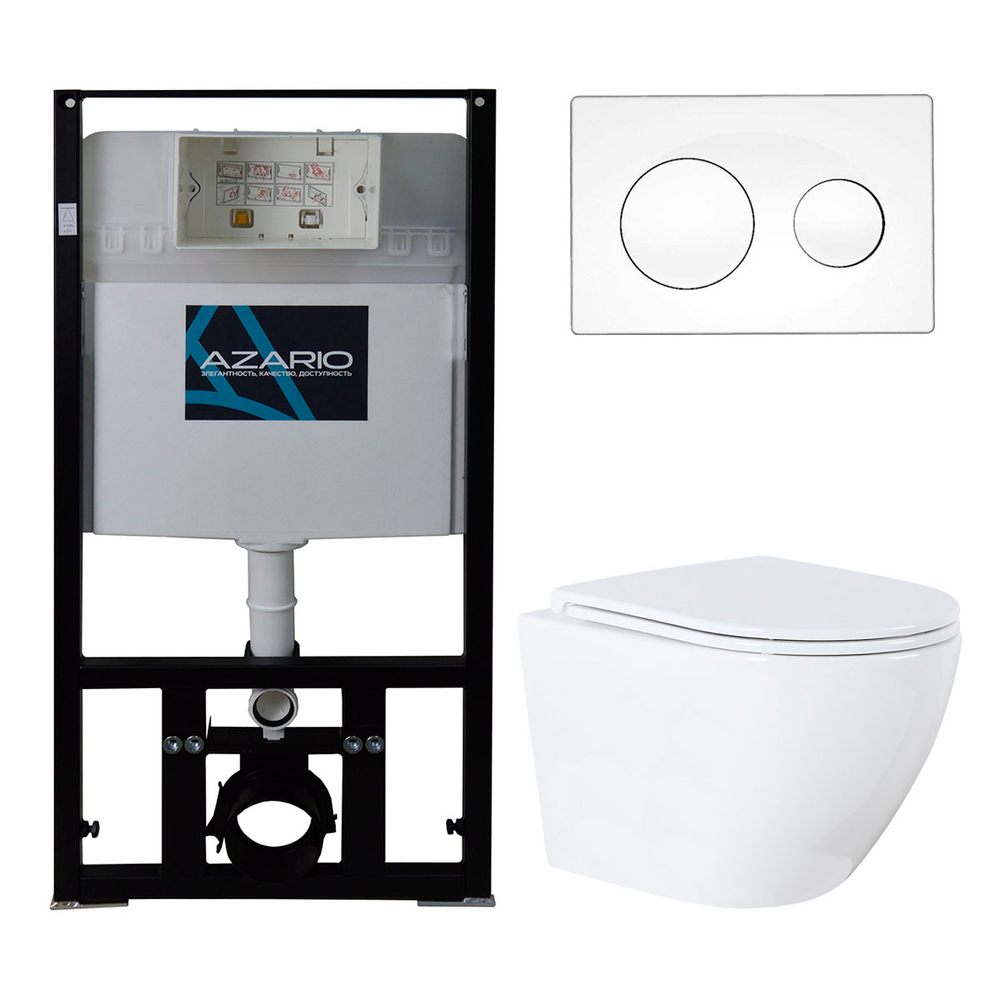 Комплект подвесной безободковый унитаз Azario Grado N AZ-8010-1000+AZ-8200-0012+AZ-0046N с микролифтом + система инсталляции с кнопкой смыва белый глянцевый