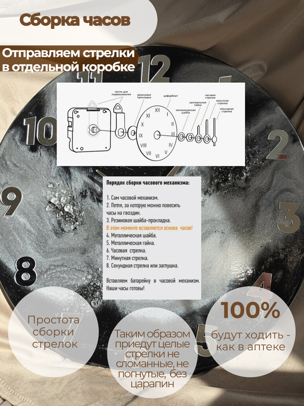 Настенные часы «Мраморный срез» 50 см из эпоксидной смолы ручной работы подарочные