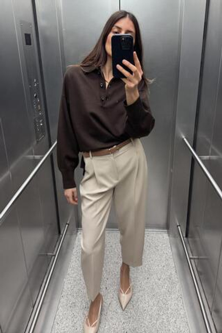 ZARA БРЮКИ С ЗАЩИПАМИ И РЕМНЕМ, СВЕТЛЫЙ ЖЕЛТО-КОРИЧНЕВЫЙ