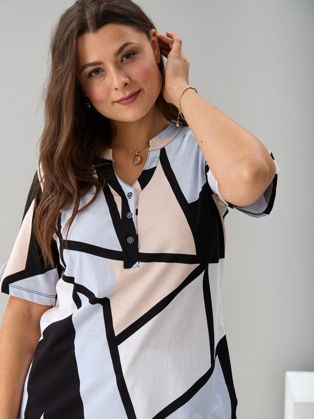 Блузка БЛ-122/геометрия-бежголубая