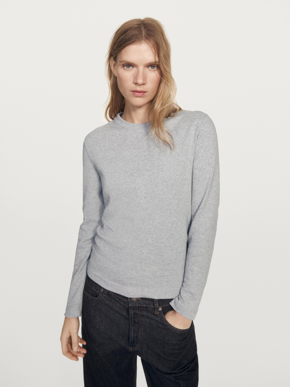 Massimo Dutti Футболка из хлопка с длинными рукавами, серый меланж