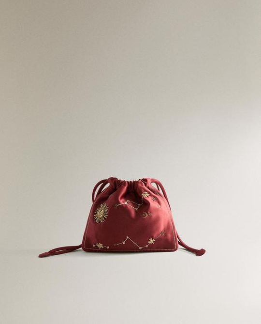 ZARA HOME - MARISA BERENSON МАЛЕНЬКАЯ КОСМЕТИЧКА С ВЫШИТЫМИ ДЕТАЛЯМИ, БОРДОВЫЙ