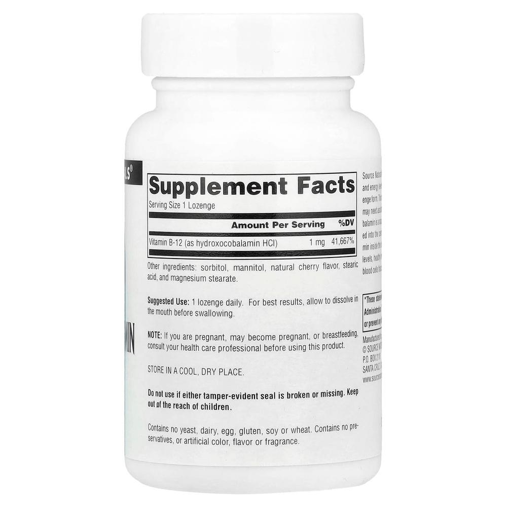 Source Naturals, гидроксокобаламин (витамин B12), вишня, 1 мг, 120 таблеток для рассасывания