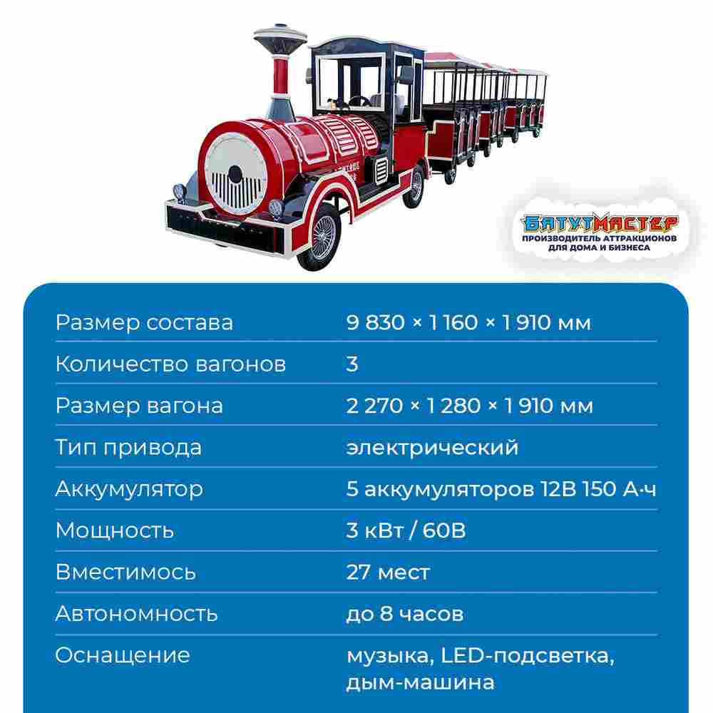 Поезд с подсветкой и музыкой «Бордовый экспресс», 3 вагона, 27 места