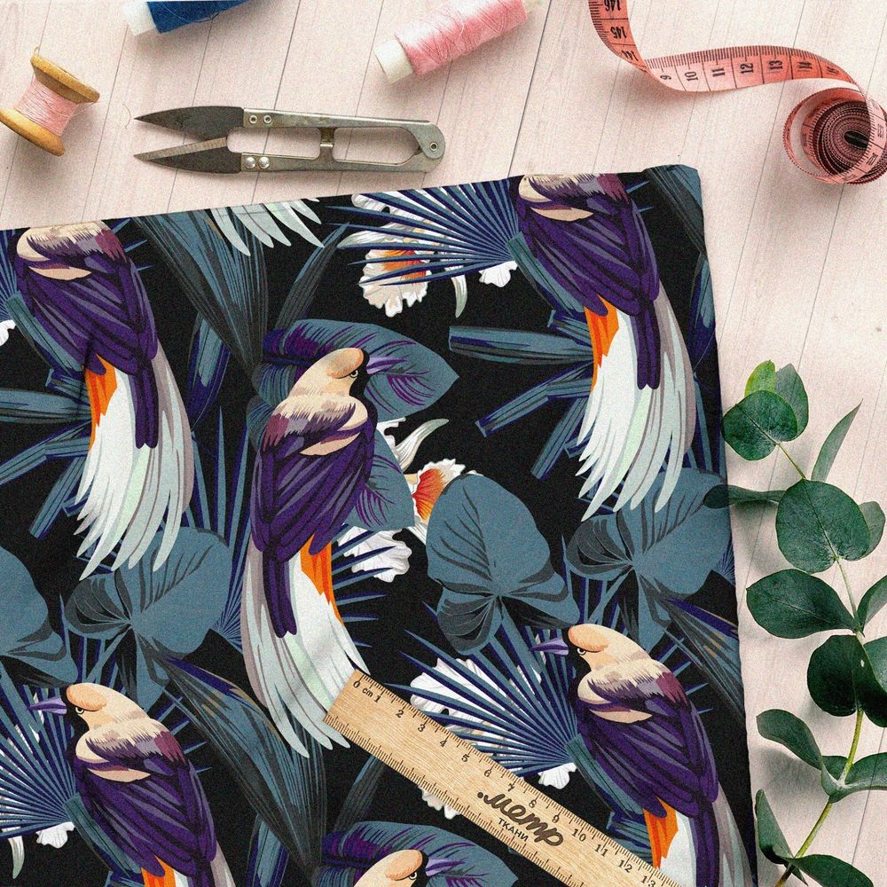 Ткань габардин тропические листья узорные