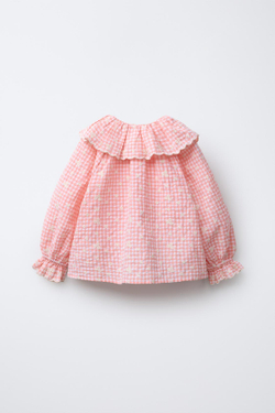 ZARA БЛУЗКА В КЛЕТКУ ВИШИ С ВЫШИВКОЙ «ЦВЕТЫ», СВЕТЛО-РОЗОВЫЙ