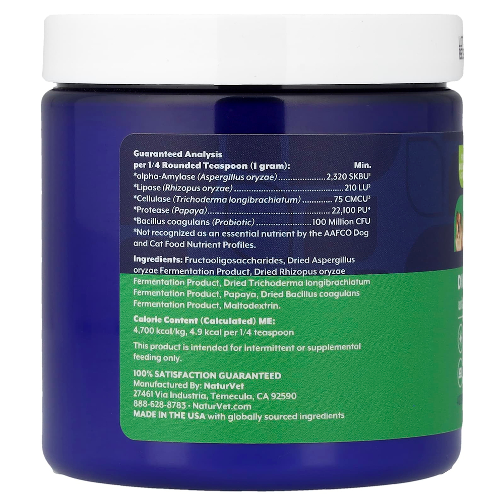 NaturVet, пищеварительные ферменты с пребиотиками и пробиотиками, для собак и кошек, 114 г (4 унции)