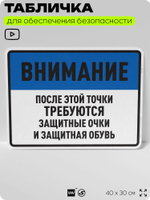 Табличка для обеспечения безопасности "После этой точки требуются защитные очки и защитная обувь", для производства, предприятия, организаций, 40х30 см, Silver Plane x Айдентика Технолоджи