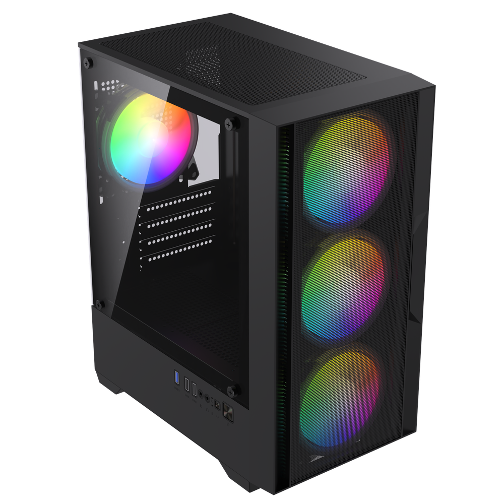 Корпус BaseTech eXtreme GFX-06, БП:600W, mATX, чёрный, 4xFRGB FAN, 2xUSB2, 1xUSB3, бок: закалённое стекло (BT-GFX-06-MESH-4F-RGB-600W)