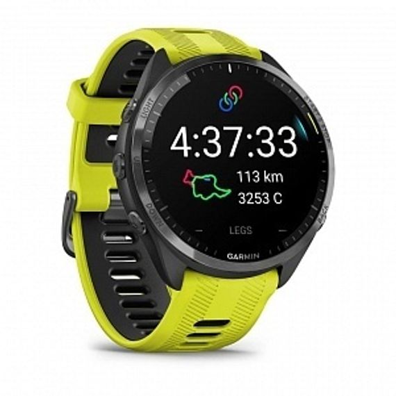 Garmin Forerunner 965 — черные спортивные часы с желто-черным ремешком