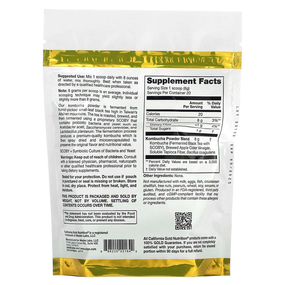 California Gold Nutrition, Superfoods, комбуча в порошке с ферментированным яблочным уксусом, растворимой клетчаткой тапиоки и пробиотиками, 160 г (5,64 унции)