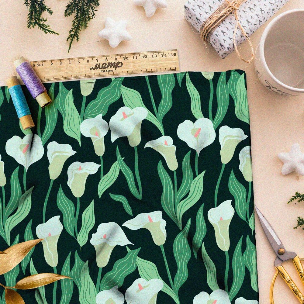 Ткань шифон нежные плотные каллы на чёрном фоне