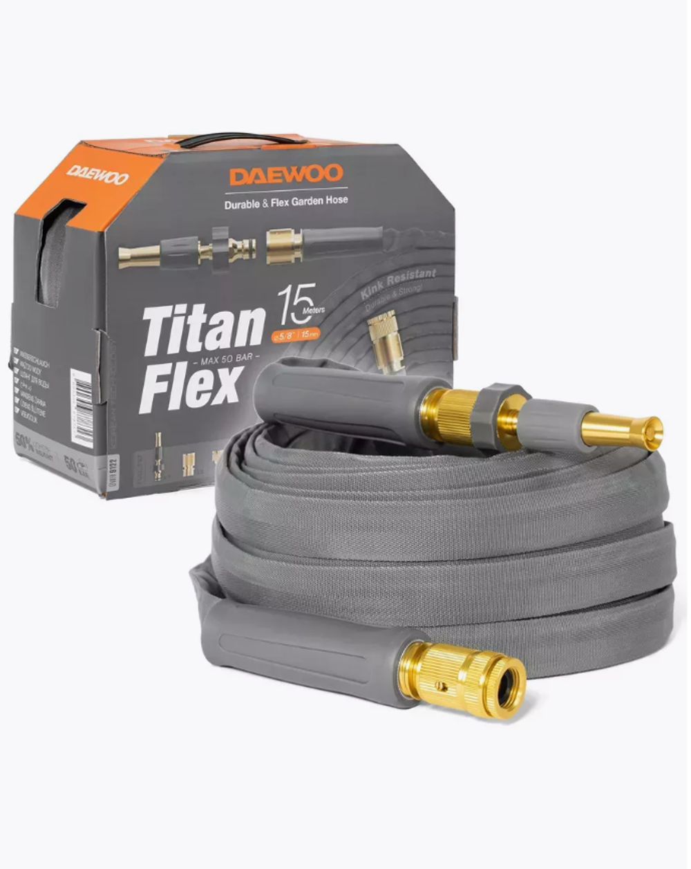 Шланг DAEWOO Titanflex 15 м, 5/8 дюймов, 15 мм, с комплектом для полива DWH 9122