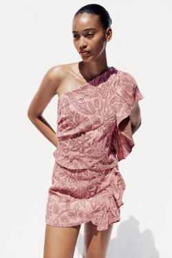 ZARA ЖАККАРДОВЫЙ ТОП АСИММЕТРИЧНОГО КРОЯ, РОЗОВЫЙ