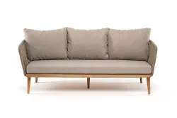 "Мальорка" диван 3-местный плетеный из роупа, основание дуб, роуп серо-коричневый 23мм, ткань бежевая 052