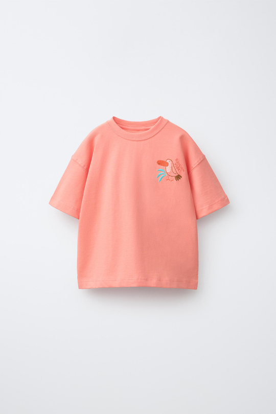 ZARA ФУТБОЛКА С ВЫШИВКОЙ, КОРАЛЛОВО-КРАСНЫЙ