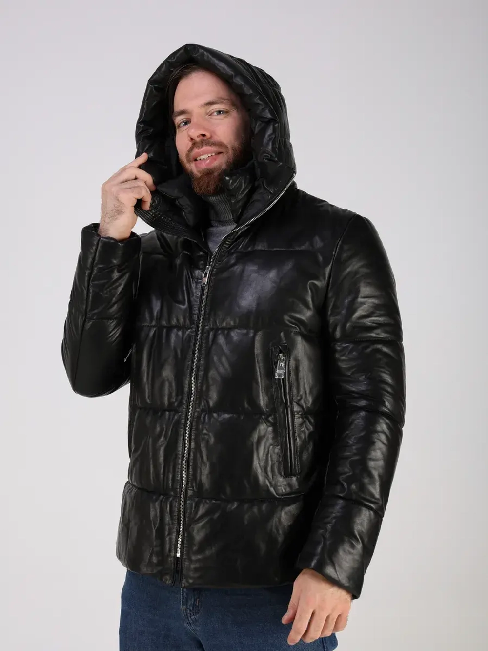 Куртка зимняя кожаная с капюшоном пуховик