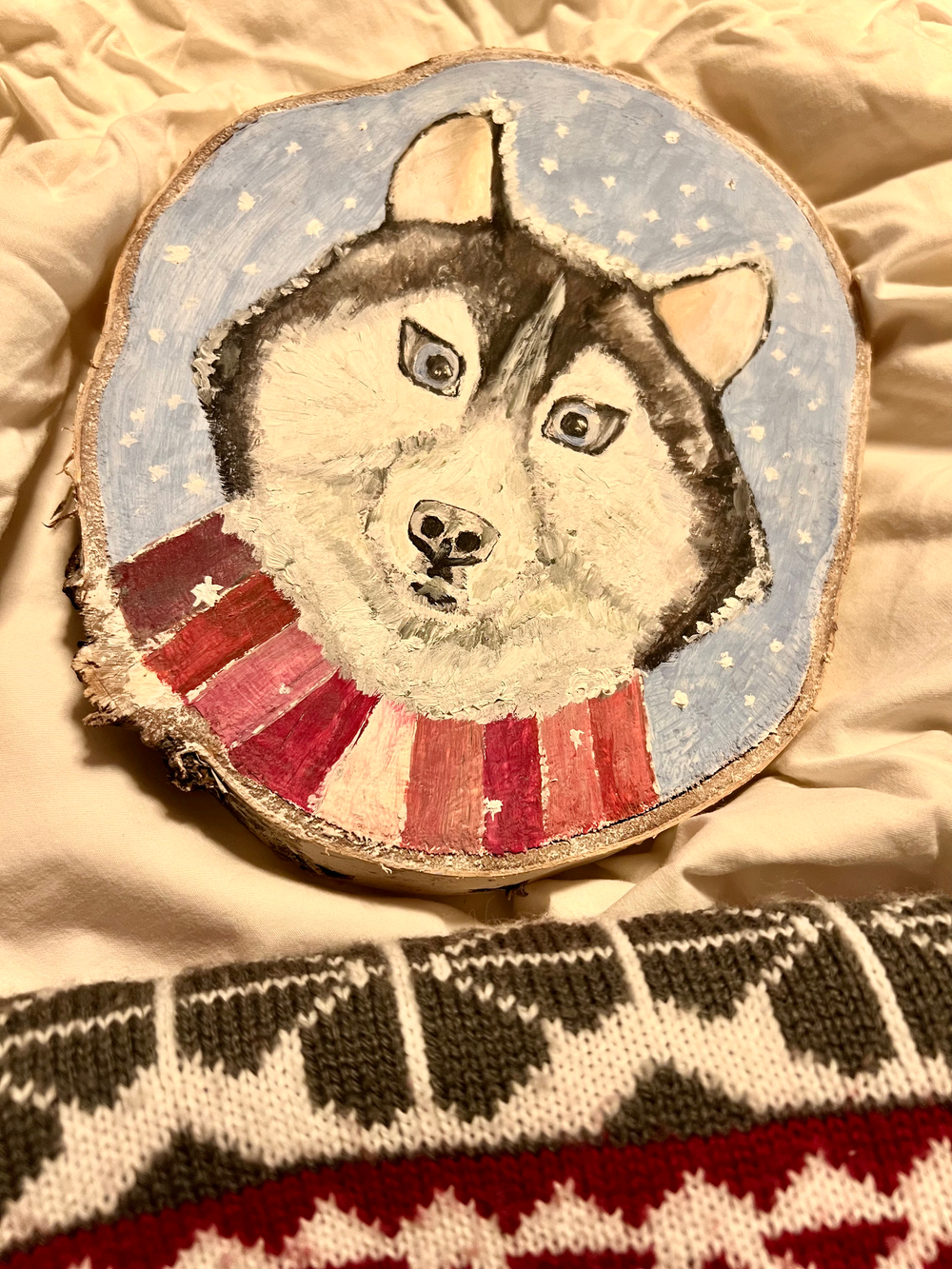 Картина маслом на спиле дерева "Новогодний хаски"