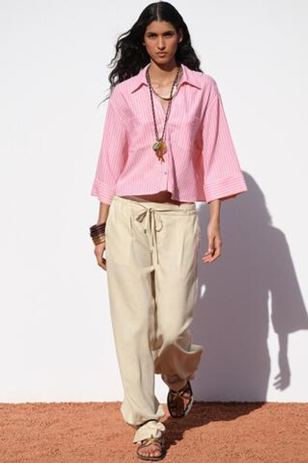 ZARA УКОРОЧЕННАЯ РУБАШКА ИЗ СМЕСОВОГО ЛЬНА В ПОЛОСКУ, РОЗОВЫЙ/БЕЛЫЙ