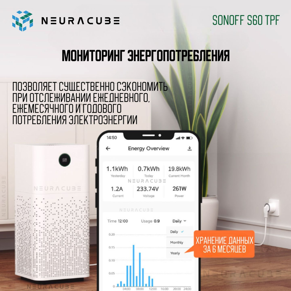 Умная WiFi розетка Sonoff S60TPF, 16А/4000Вт (Работает с Яндекс Алисой)