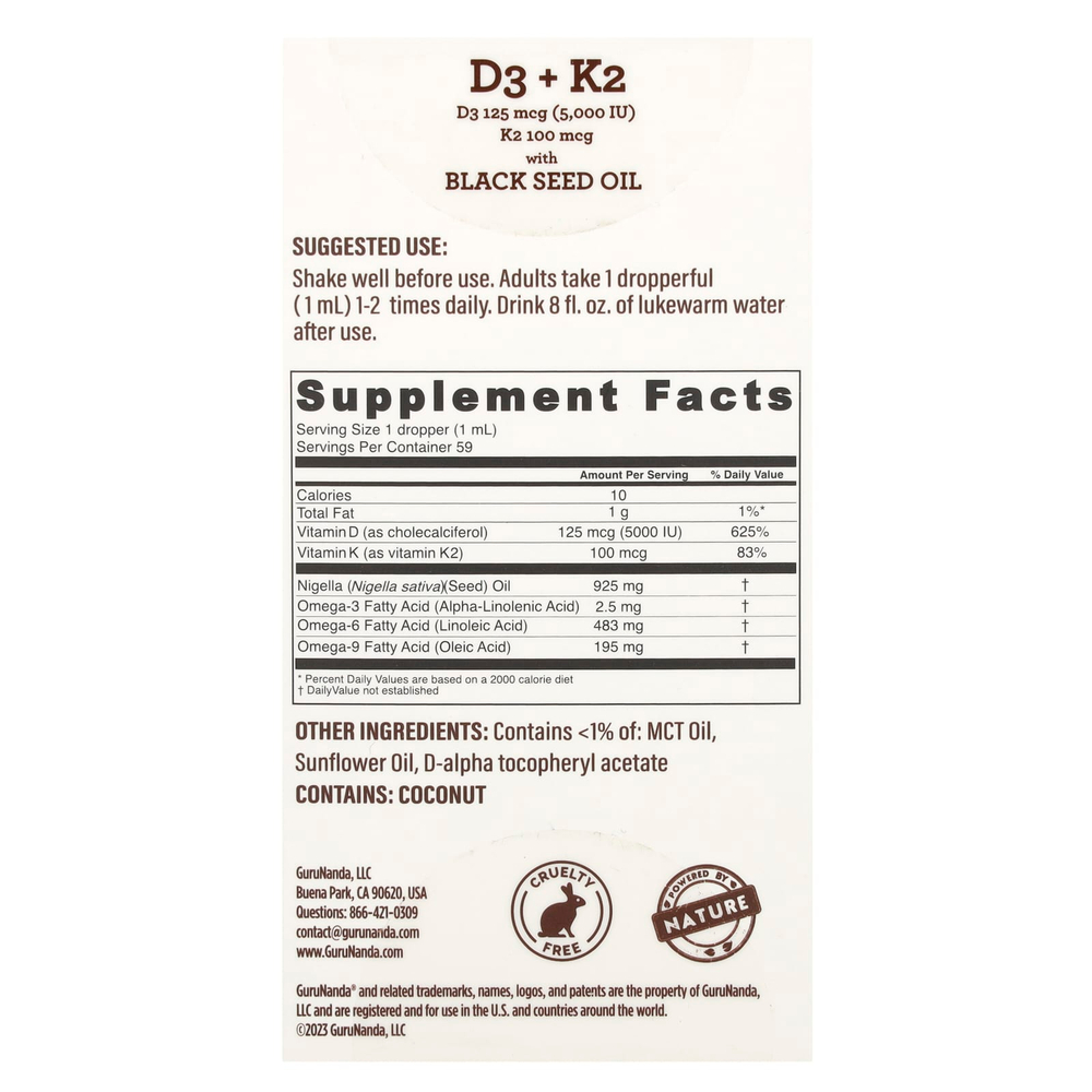 GuruNanda, D3 и K2, масло черного тмина, 59 мл (2 жидк. унции)