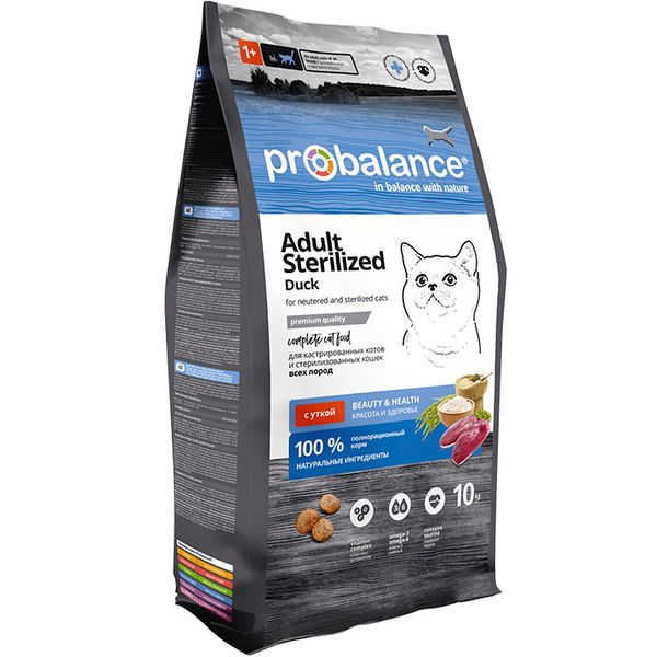 Сухой корм ProBalance Adult Sterilized Duck для кастрированных котов и стерилизованных кошек с уткой
