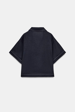 ZARA РУБАШКА ИЗ СМЕСОВОГО ЛЬНА С КОНТРАСТНЫМИ ШВАМИ, МОРСКОЙ СИНИЙ