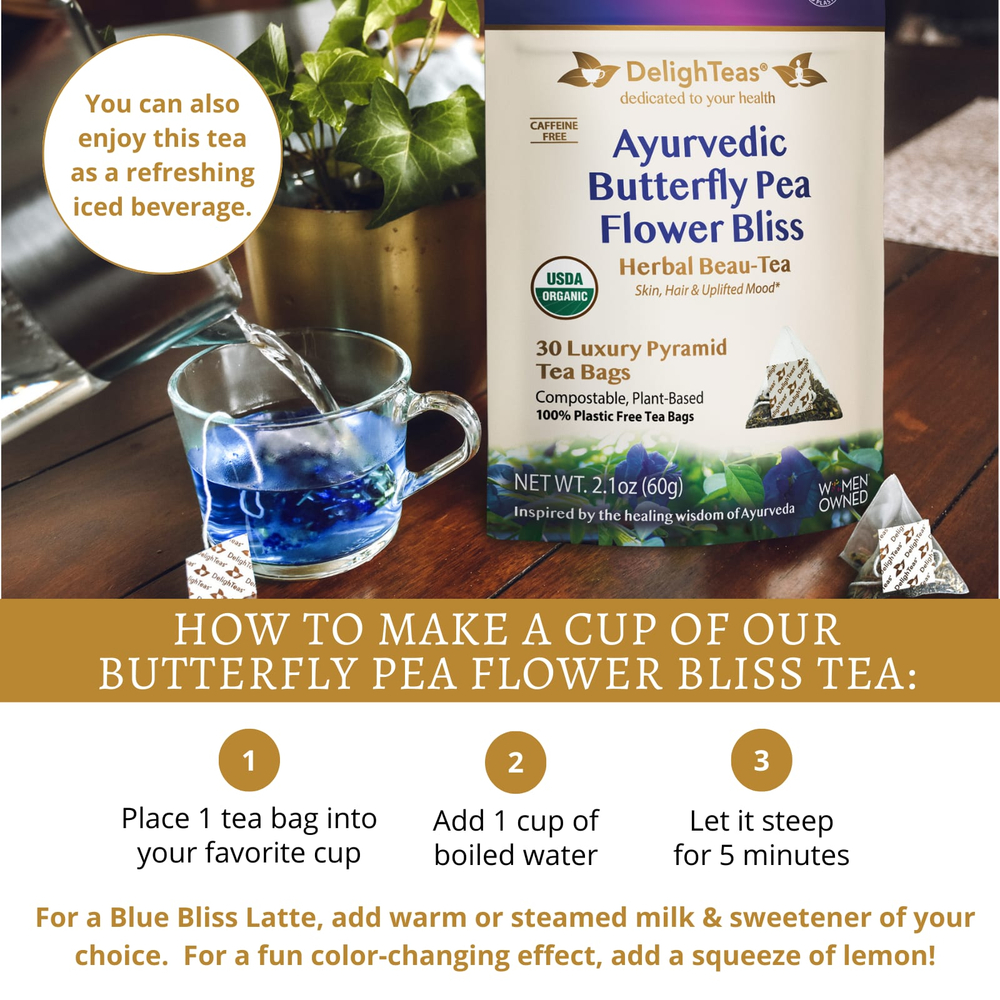 DelighTeas, Ayurvedic Butterfly Pea Flower Bliss, травяной чай, без кофеина, 30 роскошных чайных пакетиков Pyramid, 60 г (2,1 унции)
