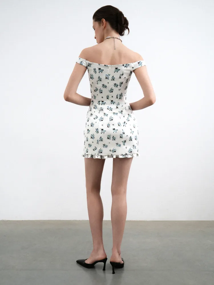 Клео мини (Cleo mini), платье мини из молочного атласа с цветочным принтом