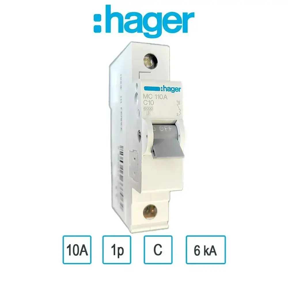 Автоматический выключатель, 10А, 1P, C, 6 kA, Hager, MC110A