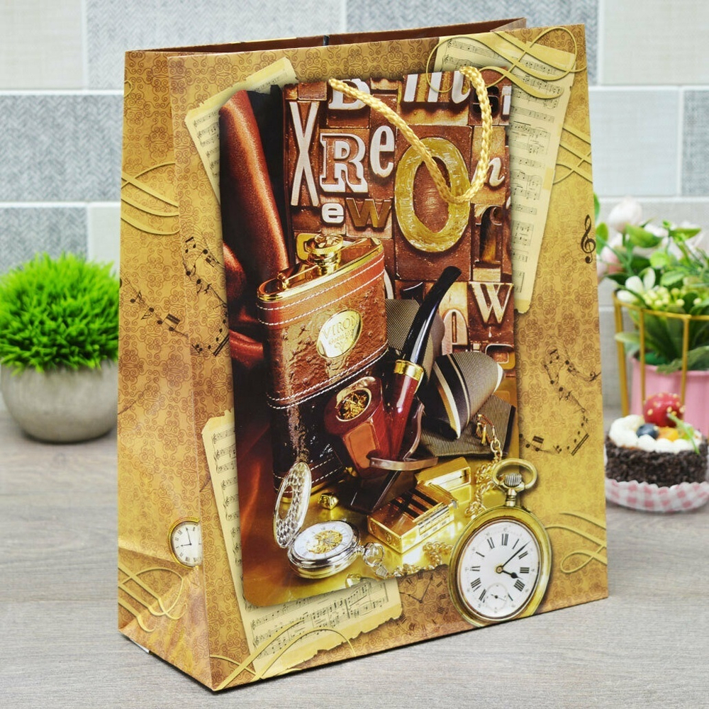 Пакет бумажный 26*32*10см с ручками глянцевый "Мужской" микс