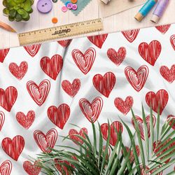 Ткань оксфорд 210 красные сердечки на белом фоне