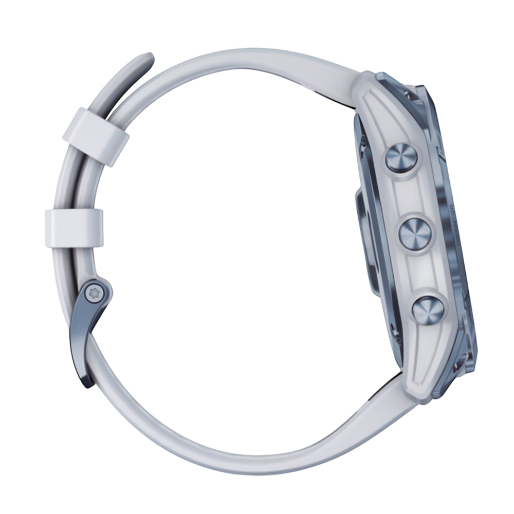 Спортивные часы Garmin fenix 7X Sapphire Solar Edition, 51 мм, силиконовый ремешок цвета «Уайтстоун» Безель из титана цвета «синий минерал» с DLC-покрытием, дисплей Solar со стеклом Power Sapphire. Ремешок с классической застёжкой — на запястье обхватом 1