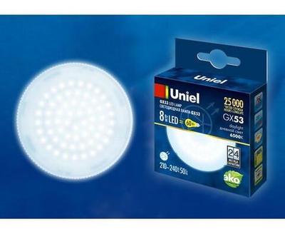 Лапочка Uniel GX53 св/д 8W(670lm) 6500K 6K 75х28 матовая LED-GX53-8W/6500K/GX53/FR, 1 шт.