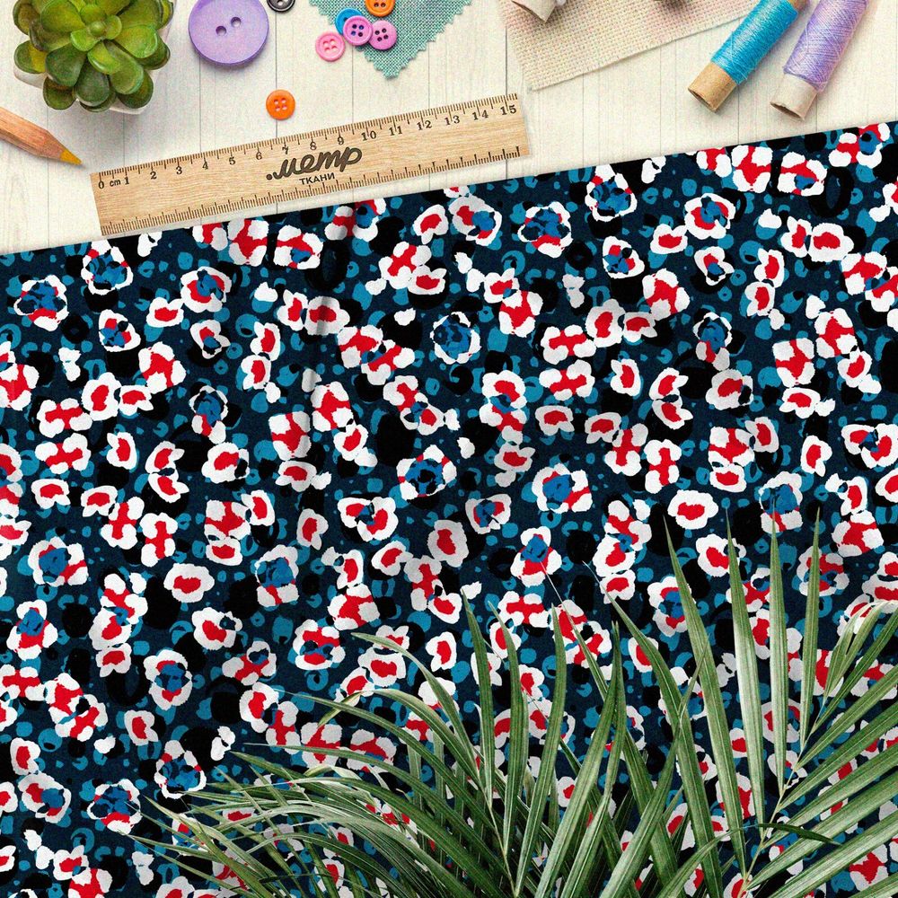 Ткань таффета красно-белые цветы в тёмной реке