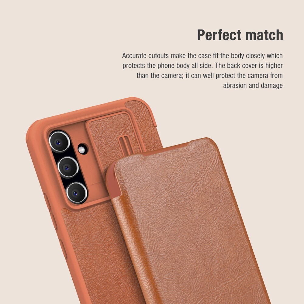 Кожаный чехол книжка коричневого цвета от Nillkin для Samsung Galaxy A54 5G, серия Qin Pro Leather с защитной шторкой для камеры