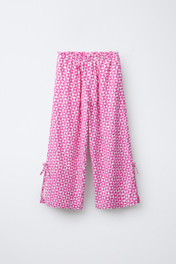 ZARA БРЮКИ ПРЯМОГО КРОЯ ИЗ СМЕСОВОГО ЛЬНА С ПРИНТОМ, РОЗОВЫЙ/БЕЛЫЙ